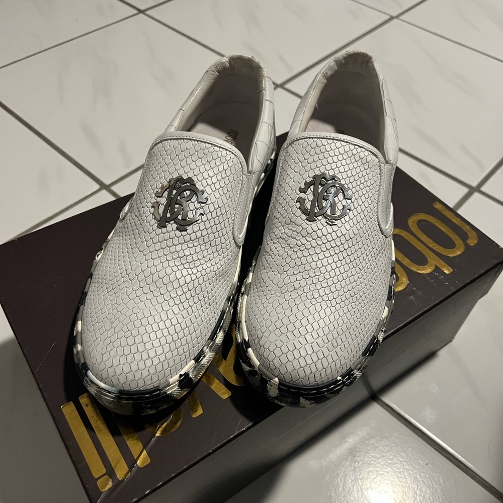 Roberto Cavalli White Snake Print Slip-On Shoes